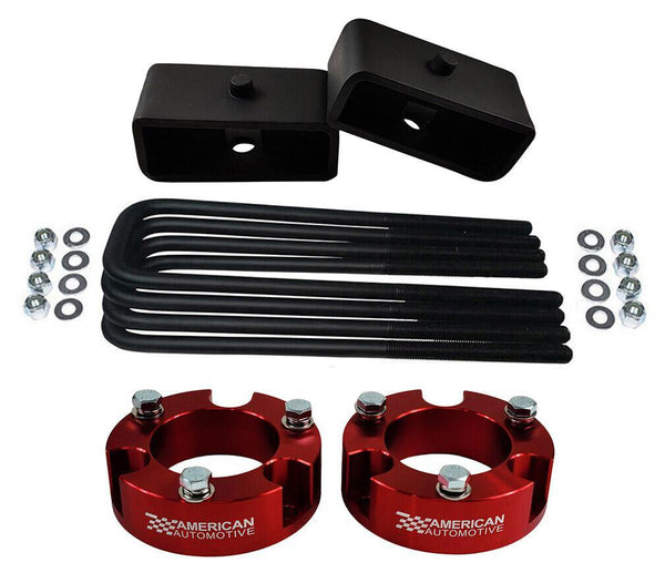 Tacoma red 2x precision laser cut carbon steel front spring spacers, 2x rear steel lift blocks, 4x certified carbon steel leaf spring axle u-bolts with hi-nuts, security spring washers