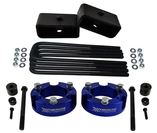 2005-2021 Tacoma 4WD 2x blue precision laser cut carbon steel front spring spacers, 2x rear steel lift blocks, 4x certified carbon steel leaf spring axle u-bolts with hi-nuts, security spring washers