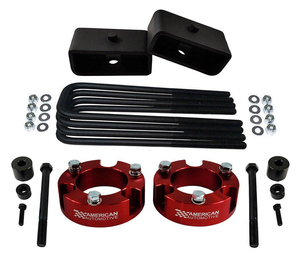 2005-2021 Tacoma 4WD 2x red precision laser cut carbon steel front spring spacers, 2x rear steel lift blocks, 4x certified carbon steel leaf spring axle u-bolts with hi-nuts, security spring washers